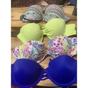 Lot 4 Victoria’s Secret Bikini Tops Padded Blue Blue Green Floral Bandeau Sz 32B